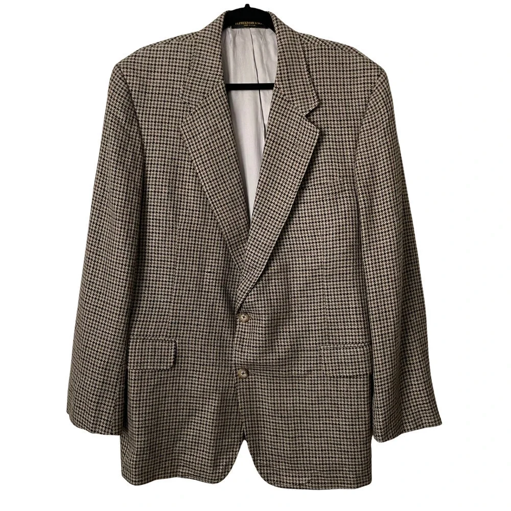 Vintage Hickey Freeman Blazer Mens 42R Tan Blue Houndstooth Sportscoat Union USA